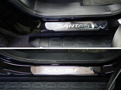 Hyundai Grand Santa Fe (13–) Накладки на пороги (лист зеркальный надпись Santa Fe)